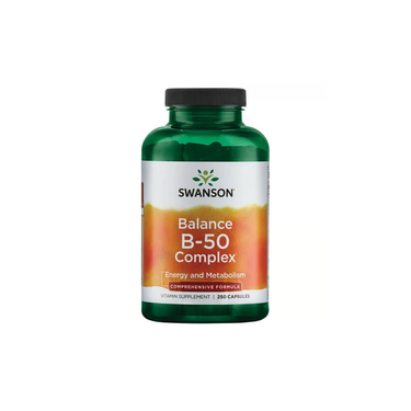 Swanson Balance B-50 Complex 250 Capsules is a dietary supplement for metabolic support and energy, packed with B vitamins. Comes in a green bottle.